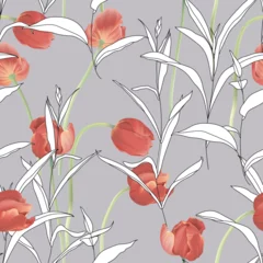 Gordijnen Floral seamless pattern, red tulips and leaves on purple © momosama