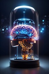 Illustration of futuristic electronic brain glowing within a glass tube