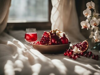 Sunny composition with drapery, orchids and red pomegranate and glass.  wine and fruits