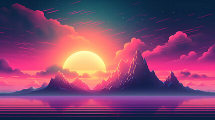 80s Style Artwork Backdrop of a Sun Setting Behind Mountains