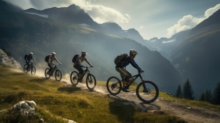 Mountain bike riders, Scenic landscape maountain range view, generative ai