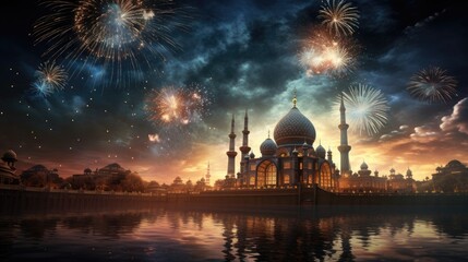 Fototapeta premium Islamic new year fireworks night background, mosque in the night, generative ai