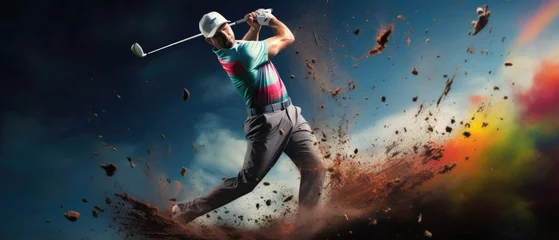 Poster Golfer hit golf ball down the fairway, scattered ground soil, generative ai © nilanka