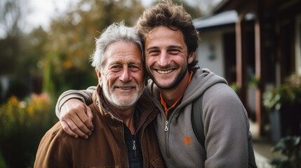 Happy father and son, Son hugging his old father, putting an arm around the father's shoulder at home, generative ai