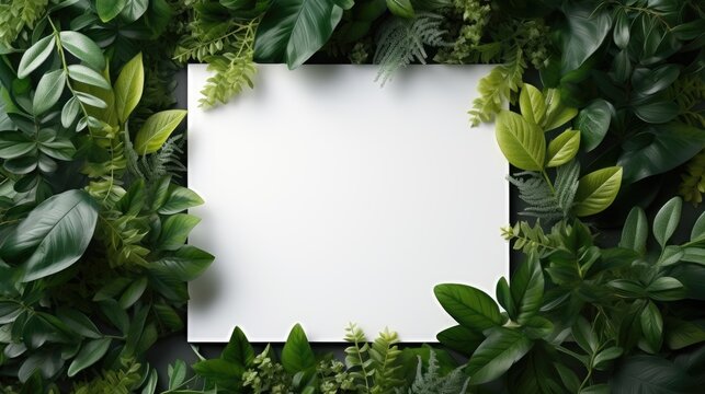 Green leaves framework for photo or congratulation text, creative layout with white square frame in the center, generative ai