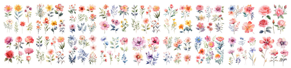 A Big watercolor floral package collection. Use by fabric, fashion, wedding invitation, template, poster, romance, greeting, spring, bouquet, pattern, decoration and textile.	