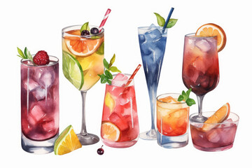 Watercolor Painting of Different Type of Cocktails, art, vibrant, artistic, brushstrokes, visual, cocktail enthusiasts, decoration, bar, cocktail menus, artwork, elegance, creativity.