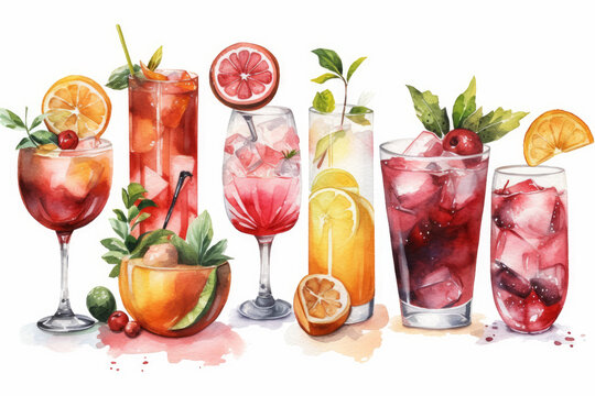 Watercolor Painting of Different Type of Cocktails, art, vibrant, artistic, brushstrokes, visual, cocktail enthusiasts, decoration, bar, cocktail menus, artwork, elegance, creativity.