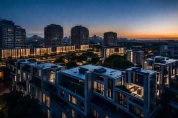 view of the city ,Flat roof with air conditioners on top modern apartment house building exterior...