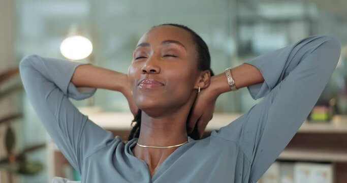 Business, woman and stretching to relax in office for easy project, finish deadline and online tasks at night. Face, happy african employee and working late with hands behind head for achievement