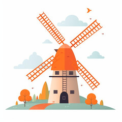 Windmill, 2D, simple, flat vector, cute cartoon, illustration, rural, agricultural-themed, child-friendly, educational materials, whimsical graphics, charming design, lovable, playful.