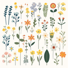 Wildflowers, 2D, simple, flat vector, cute cartoon, illustration, natural, floral-themed, child-friendly, educational materials, whimsical graphics, charming design, lovable, playful