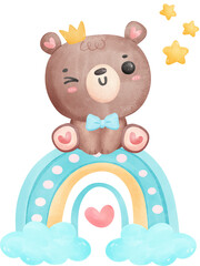 Cute baby shower bear watercolor, teddy on rainbow