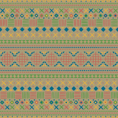 color repetitive background. hand drawn crosses triangles squares. decorative art. vector seamless pattern. geometric fabric swatch. wrapping paper. design template for textile, linen, home decor