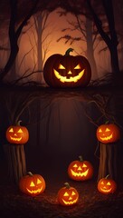 Spooky jack-o-lantern in a magical glowing forest with a bright glowing moon in the background, Halloween vibe 