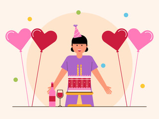 Happy people celebrating birthday party. Flat birthday party vector illustration. Birthday party celebration
