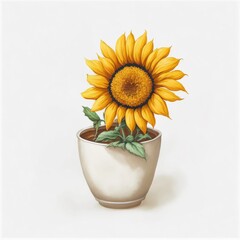 Digital watercolor illustration of beautiful sunflowers in pot on white background