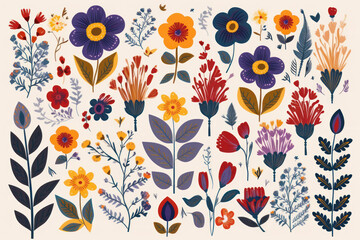 Folk Art Illustration - A Collection of Flowers
