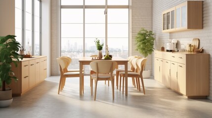 Fototapeta premium kitchen nordic style wide angle dining table wood generative ai