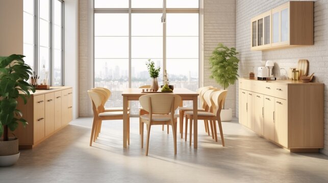 kitchen nordic style wide angle dining table wood generative ai