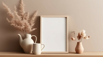 Empty wooden picture frame mockup hanging generative ai