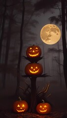 Spooky jack-o-lantern in a magical glowing forest with a bright glowing moon in the background, Halloween vibe 