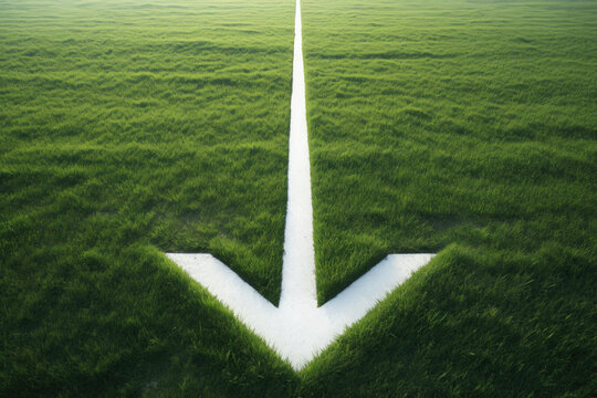 Top view of white arrow in a green field