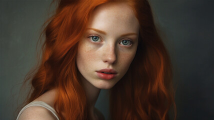 Studio portrait of a female model with red hair. Pale complexion and light freckles. - obrazy, fototapety, plakaty