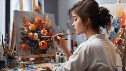  artist woman with brush painting still life picture on canvas in art studio