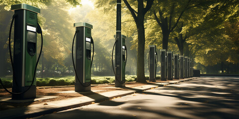 A row of modern fast electric vehicle chargers situated in a park