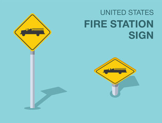 Traffic regulation rules. Isolated United States fire station sign. Front and top view. Flat vector illustration template.