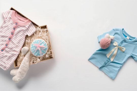 Gender reveal party concept. Top view photo of pink and blue infant clothes shirts gift boxes pacifier wooden rattle and inscription love on isolated white background with, Generative AI