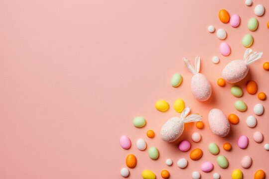 Easter decor concept. Top view photo of colorful eggs easter bunny ears and carrot shaped sprinkles on isolated pastel pink background with copyspace, Generative AI
