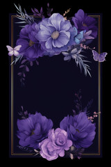floral frame card. floral border. bouquet of purple flower frame with space for text. Wedding Invitation Template.