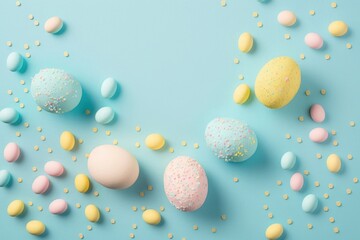 Fototapeta na wymiar Easter decor concept. Top view photo of yellow pink blue easter eggs and sprinkles on isolated pastel blue background with blank space in the middle, Generative AI