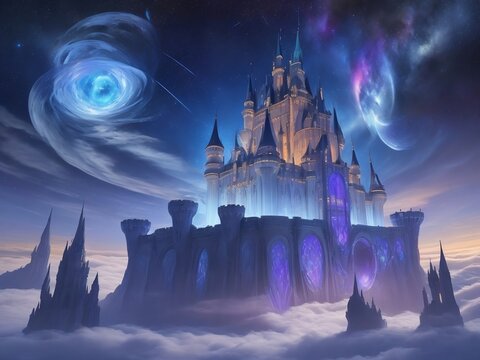 a majestic castle defying gravity in a celestial realm, amidst swirling clouds and stars. Its futuristic design seamlessly blends with cosmic beauty, evoking transcendence and limitless possibilities.