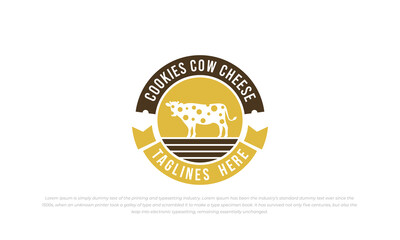 badge emblem logo combination cow and cheese with brown and yellow golden color