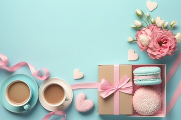 Saint Valentine's Day concept. Top view photo of pink gift boxes with bows plate with macaroons cup of coffee rattan hearts and gypsophila flowers on isolated light blue background, Generative AI