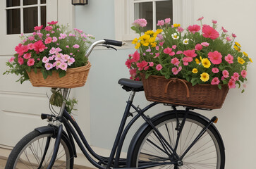 Fototapeta na wymiar bicycle with flower baskets in the street city of Europe 