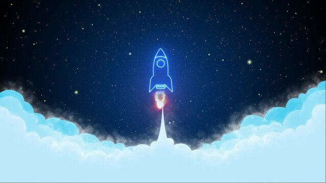 Glowing neon line rocket spaceship icon launching on space background. Space, startup, creative idea, business, innovation and technology concept. 4K Video motion graphic animation.