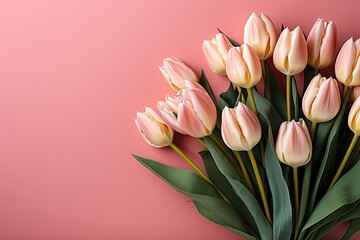 Fototapeta premium tulips on pink background, copy space