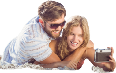 Digital png photo of smiling caucasian couple taking selfie on transparent background