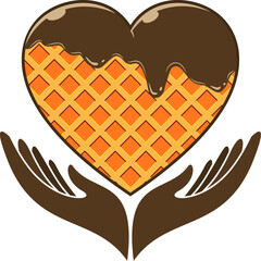 Waffle heart shape with chocolate and hand