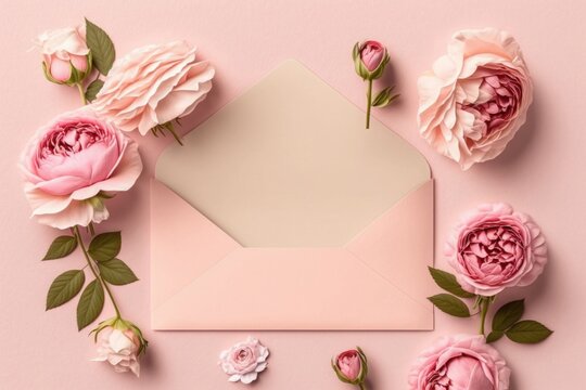 Saint Valentine's Day concept. Top view photo of open pink envelope with paper sheet and peony roses on isolated pastel pink background with copyspace, Generative AI