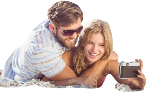 Digital png photo of smiling caucasian couple taking selfie on transparent background