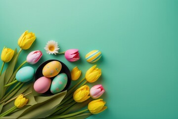 Fototapeta na wymiar Easter decor concept. Top view photo of bouquet of yellow and pink tulips and colorful easter eggs on isolated turquoise background with blank space, Generative AI