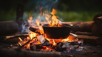 Campfire and pot. Vintage fire camping cooking in cauldron on firewood and flame, outdoor hot meal cook