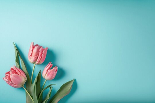 Mother's Day celebration concept. Top view photo of pink tulips on isolated light blue background with empty space, Generative AI