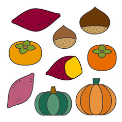 秋の食べ物のポップなイラストセット