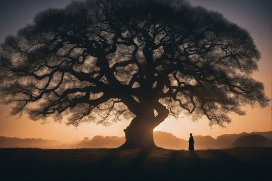 Natural sunset landscape with man under the tree silhouette